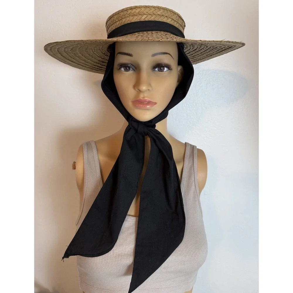 Vintage Straw Sun Hat Wide Brim Black Scarf Tie Garden Party Victorian Style 70s - Picture 2 of 9
